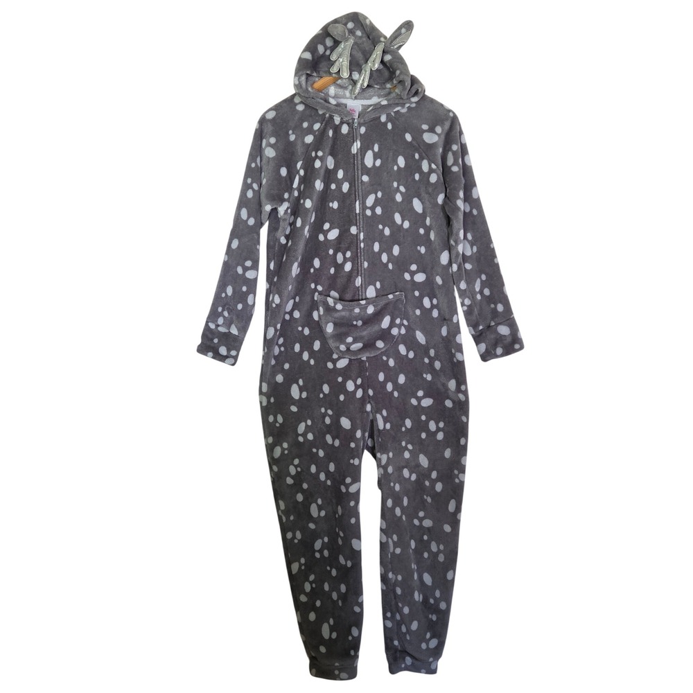 Justice Girls XL 16/18 Reindeer Fleece Hooded Union Suit Gray White Deer Print